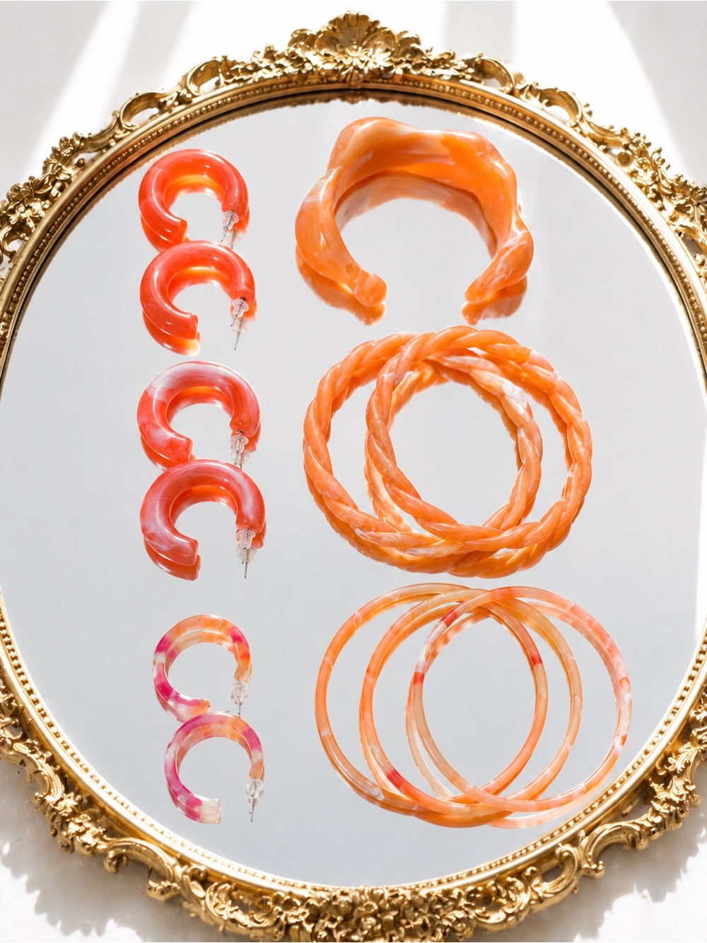 Summer Orange Resin Bracelet Set — Layered Braided & Marbled Bangles